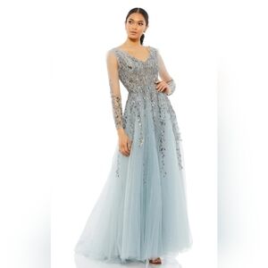 NWT Sz 16 Mac Duggal 20295 Platinum Embellished V Neck Long Sleeve A Line Gown